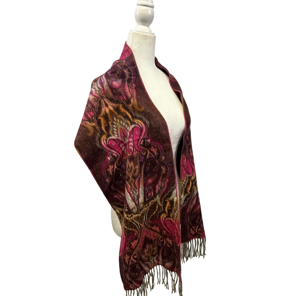 Boho Paisley Cashmink V. Fraas Women OS Pink Purple Fringed Scarf Shawl